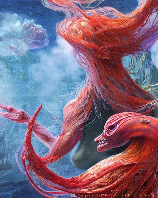 Prompt: hyper realistic photo of a beautiful sea witch with her red squid with big eyes hiding in an ink cloud, cryptozoology monster, background multicolored smoke, detailed sci-fi illustration designed by Marc Simonetti, Mike Mignola, Hiroshi Yoshida, Ernst Fuchs intricate illustration, 8k resolution, vivid