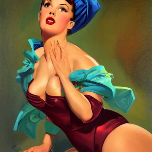 Prompt: a painting in the style of gil elvgren and in the style of tim hildebrandt.