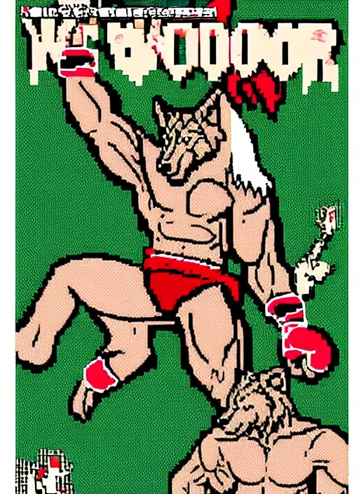 Image similar to extreme long shot. 8 bit nes graphics. antropomorphic muscular masculine wolf. kickboxer, in shorts. wolf head. furr on body.