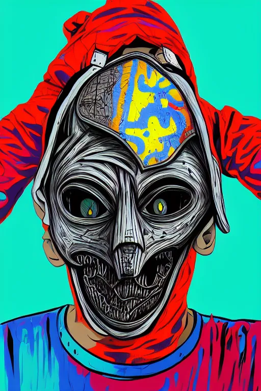 Prompt: random skateboarder with scary mask, pop art, aesthetic art, 8 k, asymmetrical, high details, digital painting, concept art, smooth, sharp focus, illustration, intricate, art by arstation and mimmo rottela, pixels art by paul robertson