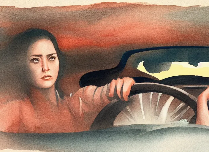 Image similar to determined woman driving a car, cinematography by Denis Villeneuve, watercolors by John James Audubon, shot for IMAX, mood lighting, depth of field, interior shot