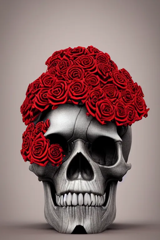 Image similar to skull made of red roses, organic horror, devil, death, giger, epic, baroque, art nouveau, james jean, photorealistic render, 3 ds max + v - ray, extremely detailed and intricate, center composition, elegant, vfx, unreal engine 5, octane render, extremely contrast, extremely sharp lines