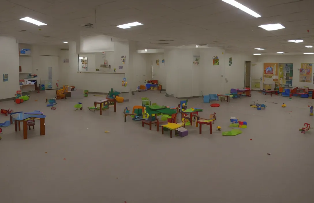 Prompt: an empty daycare at night