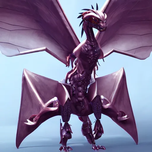 Image similar to cute anthropomorphic female robot dragon doing an elegant pose, with two big epic wings behind her, two arms that have 5 fingers each, two legs, a long tail; high quality digital art, artstation, unreal engine HD render, deviantart, furaffinity