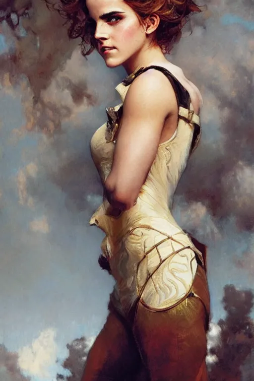 Image similar to emma watson manelbrot fightsuit gaston bussiere craig mullins j. c. leyendecker curly updo