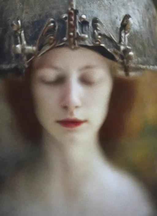 Prompt: medieval helm, out of focus!! photorealistic portrait of a beautiful pale woman by saul leiter, very blurry!!, translucent white skin, closed eyes, foggy, pale lips