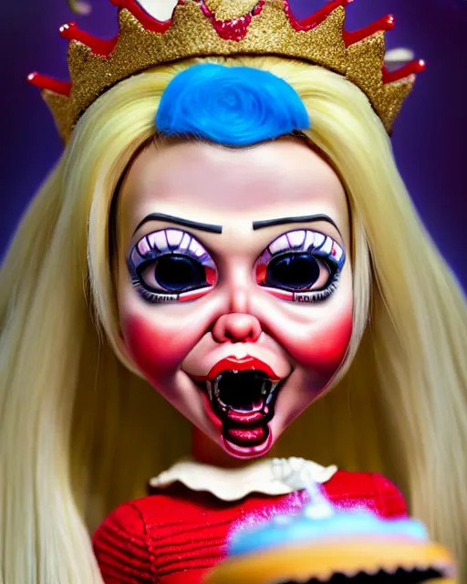 Prompt: closeup profile portrait of a tin toy ivanka trump screaming as a sith lord fairytale princess chucky doll wearing a crown and eating cakes, bikini, hyper realistic, artstation, illustration, nicoletta ceccoli, mark ryden, lostfish, max fleischer, digital paint, matte paint, vivid colors, bright, cheerful, detailed and intricate environment