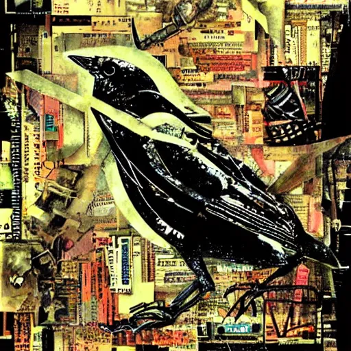 Image similar to a mechanical ( wren bird ) wanders between the cybernetic neonpunk realms of urban science and social science, collage artwork by dave mckean and ivan shishkin and yoshitaka amano