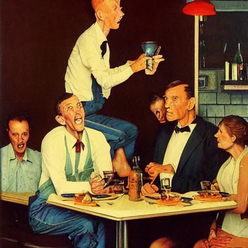 Image similar to the tallest man in the world gets himself into difficulties in a restaurant and threatens the horrified waiter, painted by norman rockwell and tom lovell and frank schoonover