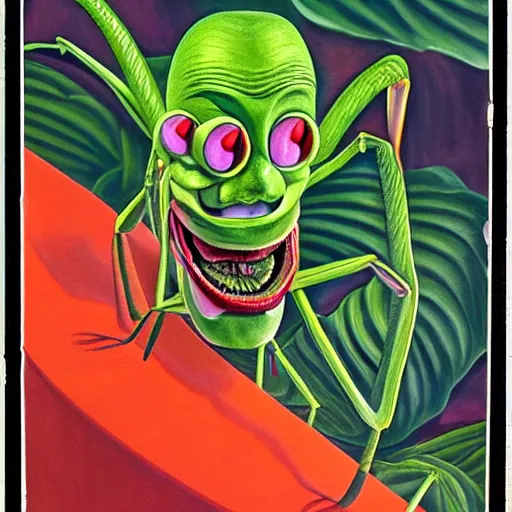 Image similar to beautiful lifelike painting of praying mantis garbage pail kid, hyperreal detailed facial features and uv lighting, art by ed roth and basil wolverton