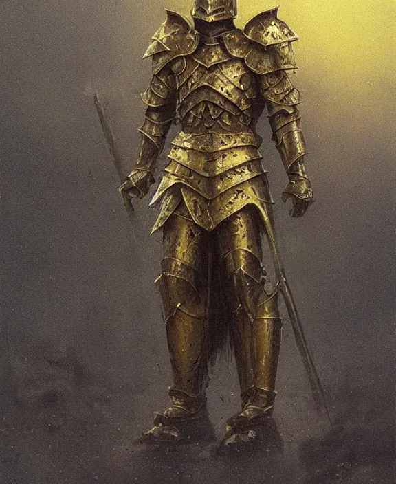 Image similar to royal knight in golden sun ornament armor, dismounted, beksinski, trending on artstation