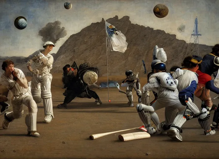 Prompt: a cricket match on the moon by edgar maxence and caravaggio and michael whelan and delacroix style, artistic, intricate painting, cinematic lighting, hyper realistic, extremely detailed, establishing shot, 8 k resolution, dramatic lighting
