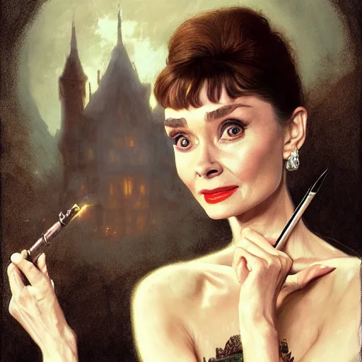 Image similar to audrey hepburn in a horror novel, inside haunted mansion, various scenarios, highly detailed, digital painting, artstation, art by gaston bussiere, greg rutkowski, j. c. leyendecker