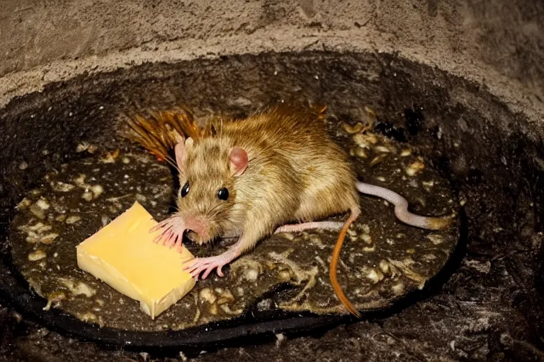 Image similar to a mutant disgusting rat eating cheese in a sewer, photograph, terror, horror, mutant,