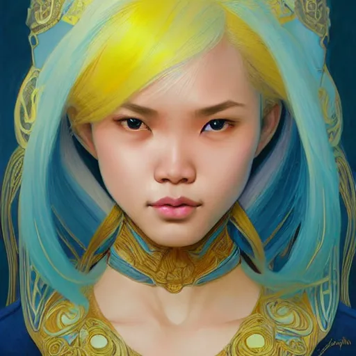 Image similar to filipino girl blue - yellow hair nasal strip, intricate, elegant, highly detailed, my rendition, digital painting, artstation, concept art, smooth, sharp focus, illustration, art by artgerm and greg rutkowski and alphonse mucha and uang guangjian and gil elvgren and sachin teng, symmetry!!