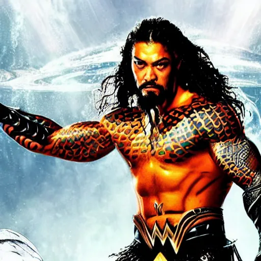 Image similar to roman reigns as aquaman, artstation hall of fame gallery, editors choice, #1 digital painting of all time, most beautiful image ever created, emotionally evocative, greatest art ever made, lifetime achievement magnum opus masterpiece, the most amazing breathtaking image with the deepest message ever painted, a thing of beauty beyond imagination or words, 4k, highly detailed, cinematic lighting