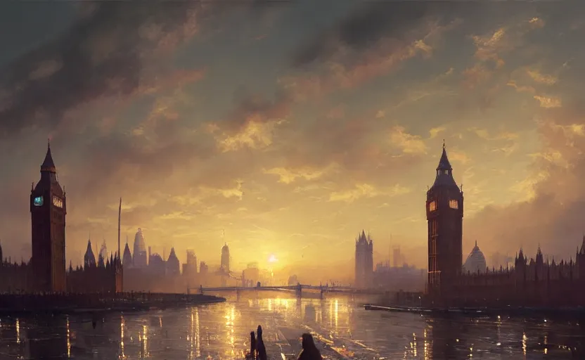 Image similar to painting of skyline of london at sunset, natural light, concept art, by greg rutkowski, cozy atmospheric and cinematic lighting