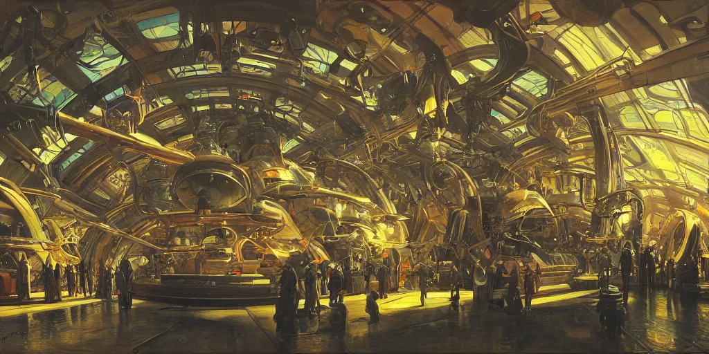 Prompt: wide shot, interior of an alien spaceship, futuristic, hyperrealism, heavy machinery, humanoids working, neon tubes crepuscular rays, ray tracing, by alphosne mucha adolf hiremy hirschl