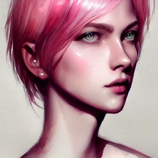 Prompt: short pink haired girl, portrait, highly detailed, watercolor, artstation, by charlie bowater