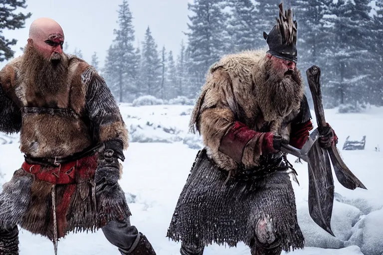 Prompt: vfx movie tough bald man in furs, natural grizzled skin, streaks of red face paint grey beard, dual wielding detailed viking war axes, in snowy tahoe by emmanuel lubezki