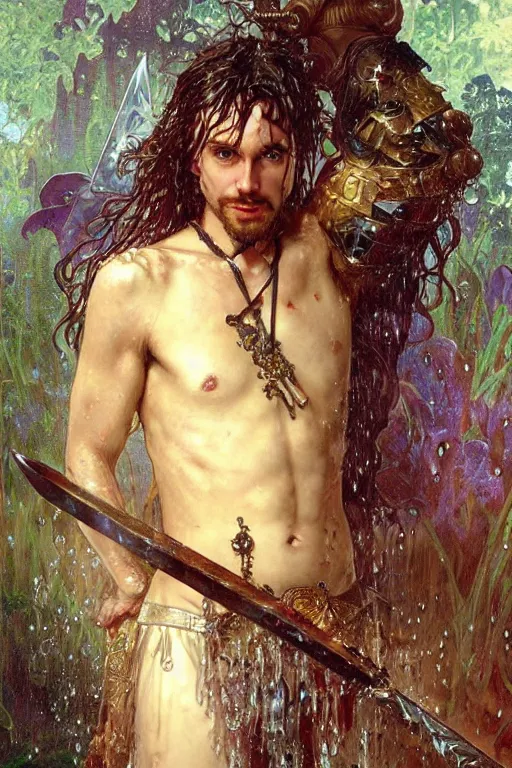 Prompt: portrait of a man wearing a knight robe, holding a sword, drenched body, wet dripping hair, emerging from the water, fantasy, regal, fractal crystal, fractal gems, by stanley artgerm lau, thomas kindkade, alphonse mucha, loish, norman rockwell