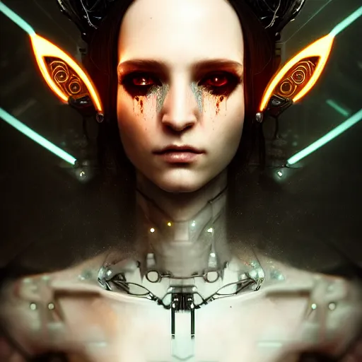 Prompt: cyberpunk robotic dark elvish queen, diadem on the head, cyber implants, black tears, extremely detailed, hyperrealistic, intricate, soft light, fantasy, digital painting, art station, perfect faces, fine details, by wlop