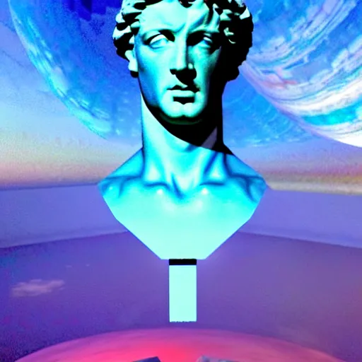 Prompt: 3 d sci - fi cgartist double exposure rendering of a hyper realistic marble greek statuary bust floating in space, at the vast pulsating interdimensional fractal space portal at the psychedelic vaporwave ombre event horizon by chris moore, by edward hopper, by col price, trending on artstation