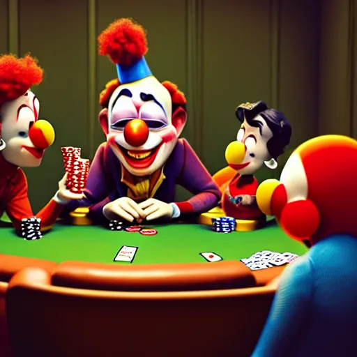 Image similar to pixar clowns playing poker, smiling maniacally | glamorous oily soft polished rich ornate modern | weta disney pixar movie still photo | hi - fructose, sci fi fantasy, smooth, octane render, sharp focus, artstation, concept art | artgerm, mucha, rutkowski, feng zhu, wlop, loish