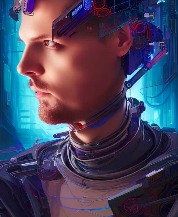 Image similar to a whirlwind inside the metaverse, guy, male, man, hologram, half body, neurochip, android, cyborg, cyberpunk face, by loish, d & d, fantasy, intricate, elegant, highly detailed, colorful, digital painting, artstation, concept art, art by artgerm and greg rutkowski and alphonse mucha