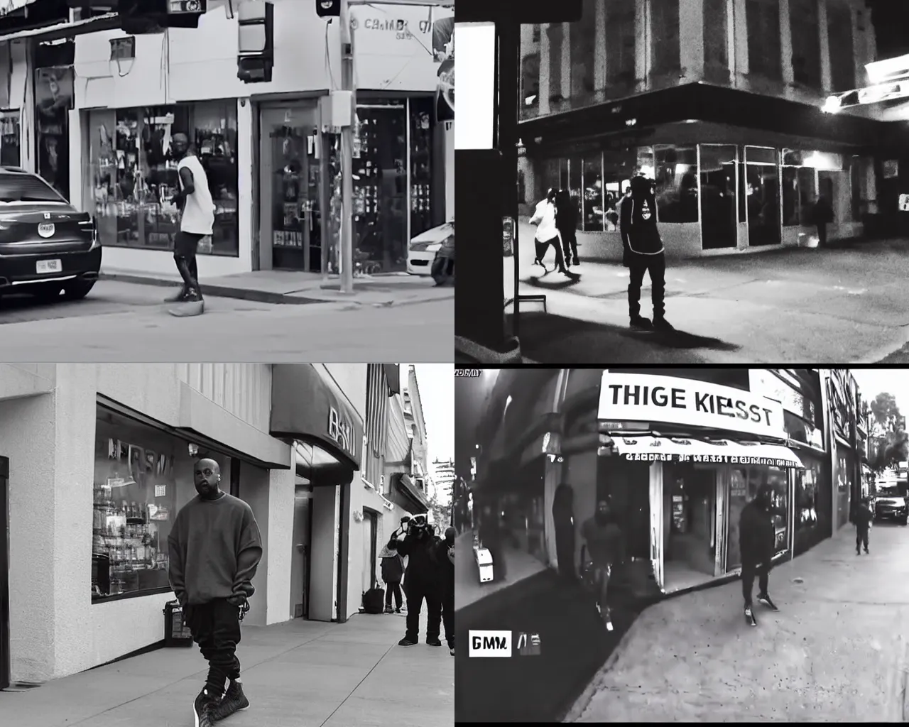 Prompt: camera footage of kanye west outside corner store with time code, high exposure, dark, monochrome, camera, grainy, CCTV, security camera footage, timestamp, zoomed out