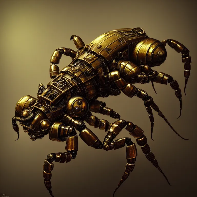 Prompt: steampunk robot scorpion, 3 d model, unreal engine realistic render, 8 k, micro detail, intricate, elegant, highly detailed, centered, digital painting, artstation, smooth, sharp focus, illustration, tomasz alen kopera, wlop