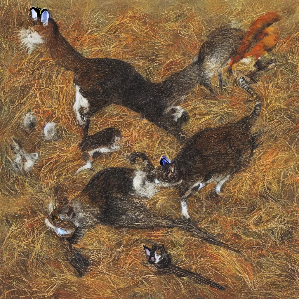 Prompt: one individual cat and pheasant mix, art gallery, art museum, 4k, 8k