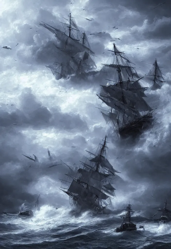 Image similar to intense ship persecution, ship being persecuted by a police ship over raging turbulent waters, hyper realistic, highly detailed, digital art, apocalyptic, intimidating lighting, raytracing, sharp focus, smooth, romanticism