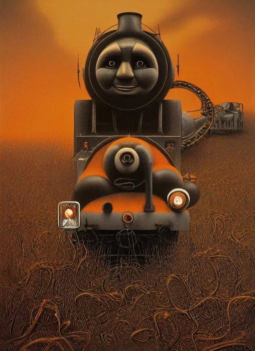 Image similar to thomas the tank engine in style of zdzisław beksinski, extremely dramatic lighting, 8 k, tendrils, black, darkness, black slime tendrils, infected, rust, body horror, thomas the train, thomas the tank engine face, horror,