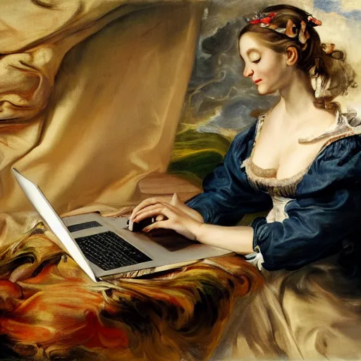 Image similar to heavenly summer sharp land sphere scallop well dressed lady working on her laptop auslese, by peter paul rubens and eugene delacroix and karol bak, hyperrealism, digital illustration, fauvist, looking at her imac laptop