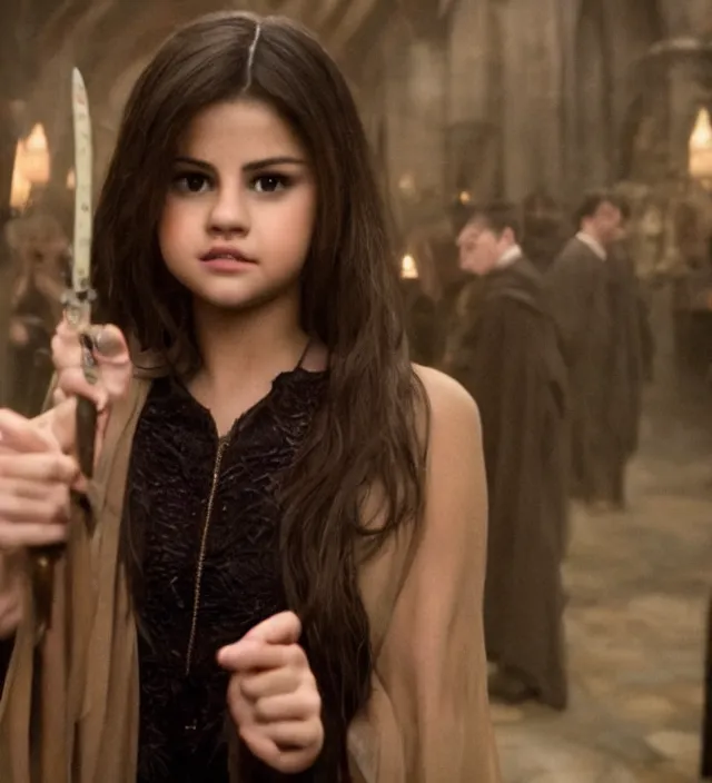 Image similar to selena gomez in harry potter, movie still frame, hd, remastered, detailed, cinematic lighting