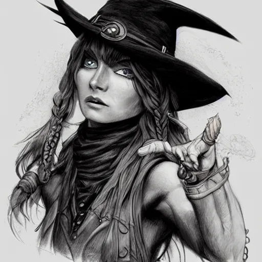 Image similar to beautiful cowboy witch, wild west, dungeons and dragons art, detailed, concept art, pencil drawing, trending on artstation