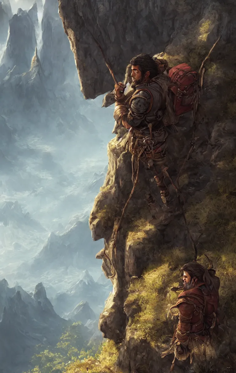 Prompt: an oil art close - up portrait painting of a single lone young handsome fool adventurer with adventurer hiking backpack, centered, grim gwent card, single lone gipsy mage adventurer character design from inquisition, on a cliff looking out to a fantasy mountain landscape, 4 k, ultra detail, volumetric lighting, unreal engine, octane render, tom bagshaw, andreas rocha