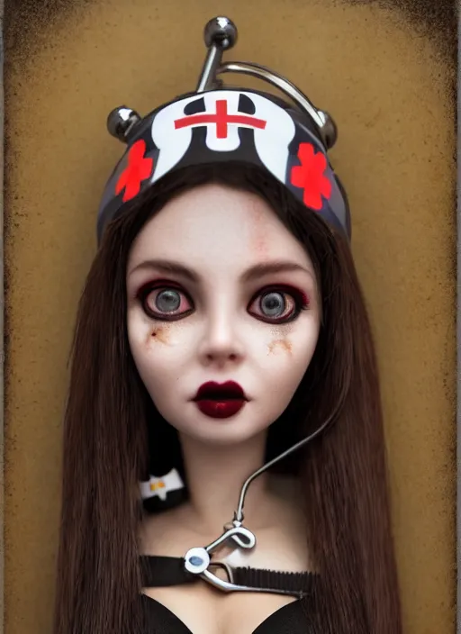 Image similar to closeup profile portrait of tin toy goth nurse, bikini, depth of field, zeiss lens, detailed, symmetrical, centered, fashion photoshoot, by nicoletta ceccoli, mark ryden, lostfish, breathtaking, 8 k resolution, extremely detailed, beautiful, establishing shot, artistic, hyperrealistic, octane render