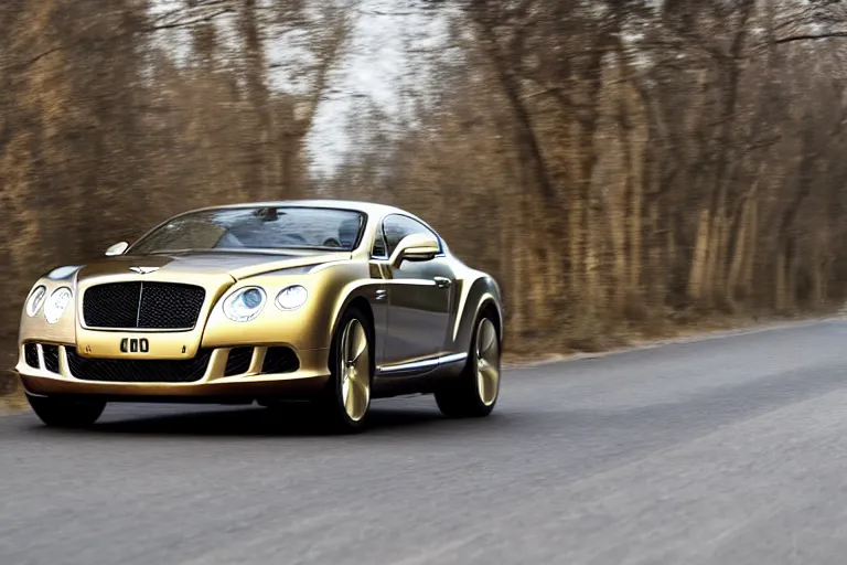 Prompt: Bentley Continental GT in shiny gold film drives along old Russian village road