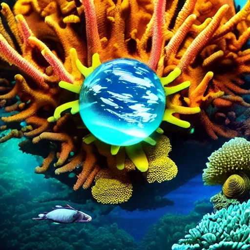 Image similar to photo of an extremely cute alien fish swimming an alien habitable underwater planet, coral reefs, dream - like atmosphere, water, plants, peaceful, serenity, calm ocean, tansparent water, reefs, fish, coral, inner peace, awareness, silence, nature, evolution