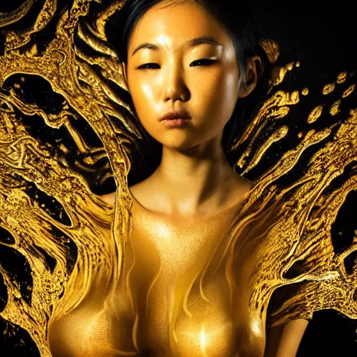 Image similar to asian girl, liquid golden and black fluid, magic hour, dramatic light, liquid voronoi pattern, golden bodypaint, world best photography