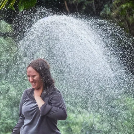 Prompt: a large solid stream of water falling over a woman