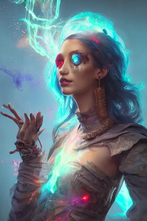 Image similar to beautiful girl necromancer, witch - doctor exploding into rainbow velvet, angels, 3 d render, hyper - realistic detailed portrait, holding fire and electricity, ruan jia, wlop. scifi, fantasy, magic the gathering, hyper detailed, octane render, concept art, peter mohrbacher