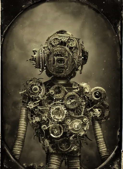 Image similar to old wetplate daguerreotype portrait of futuristic robot, explosion of data fragments, fractal, intricate, elegant, highly detailed, parallax, leica, medium format, subsurface scattering, by jheronimus bosch and greg rutkowski and louis jacques mande daguerre