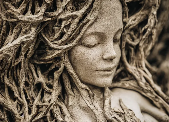 Image similar to dslr esculpture made from roots interwovem in the shape of a woman in the bottom of the sea, 8 5 mm f 1. 8