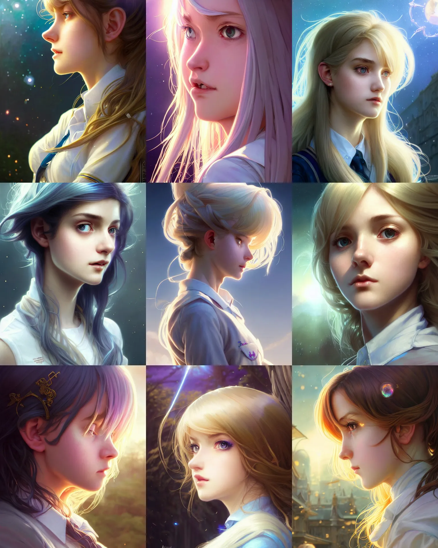 Prompt: side closeup portrait of an innocent lost college girl, magic school uniform, light - coloured iridescent hair, large messy hair style, fantasy building, intricate, sharp focus, lens flare, bloom, rim light, illustration, highly detailed, digital painting, concept art, matte, art by wlop and artgerm and greg rutkowski and alphonse mucha, masterpiece