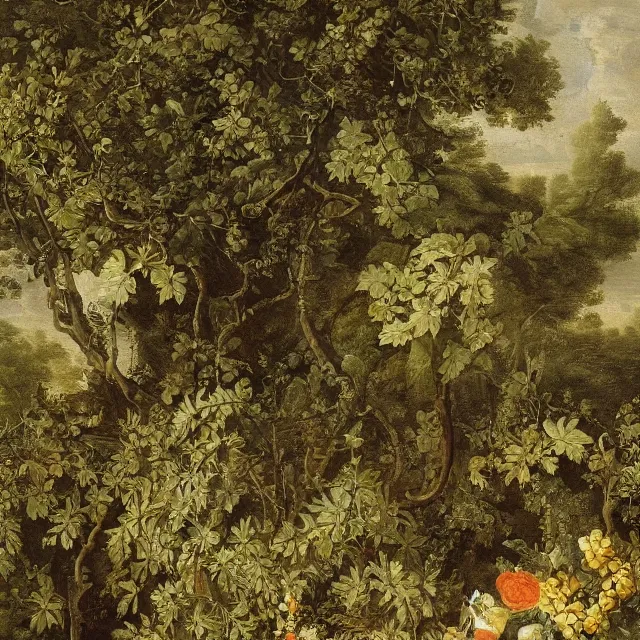 Prompt: a painting of ivy in a garden at night, black background, a flemish baroque by jan van kessel the younger, intricate high detail masterpiece