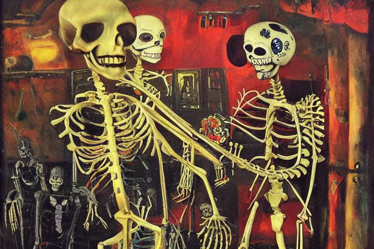 Image similar to scene from fishing, day of the dead, cyber skeleton, neon painting by otto dix