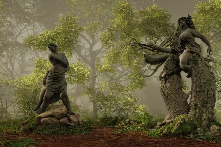 Prompt: an old and beautiful statue depicting the hearty and chubby goddess of earth and trees, lost in heart of the forest | overgrowth | sunshafts | volumetric lighting | ultradetailed | ultrarealistic | dramatic lighting | fantasy |